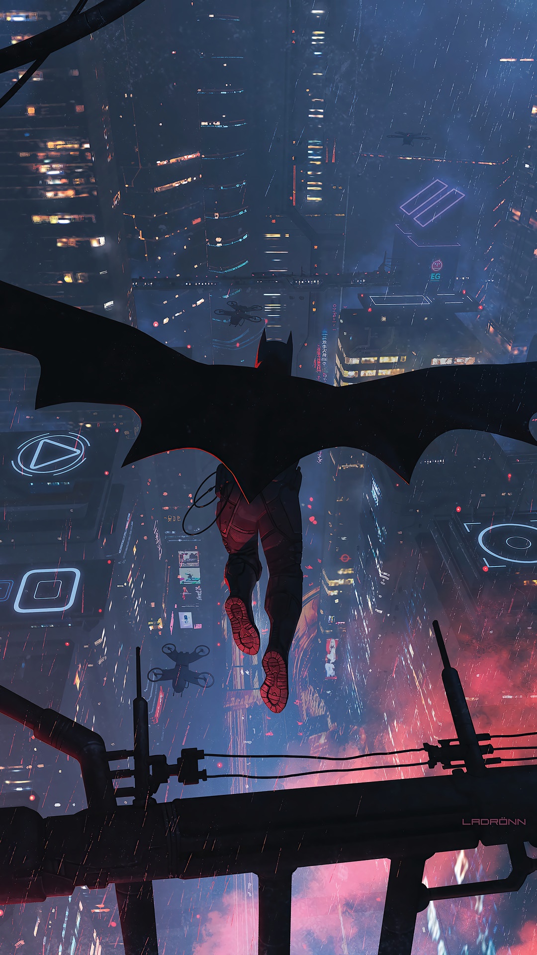 Batman flying over a futuristic city at night HD Phone Wallpaper