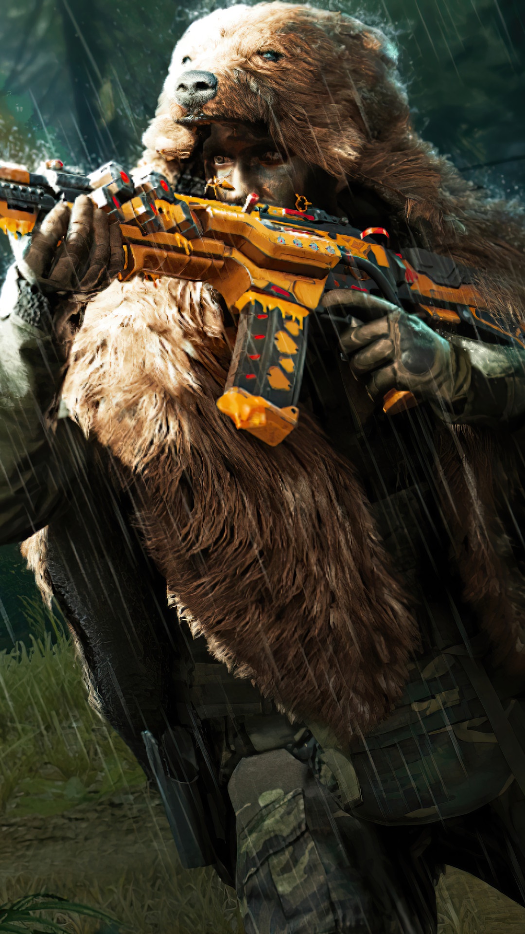 Call of Duty Mobile character with bear costume and assault rifle HD Phone Wallpaper