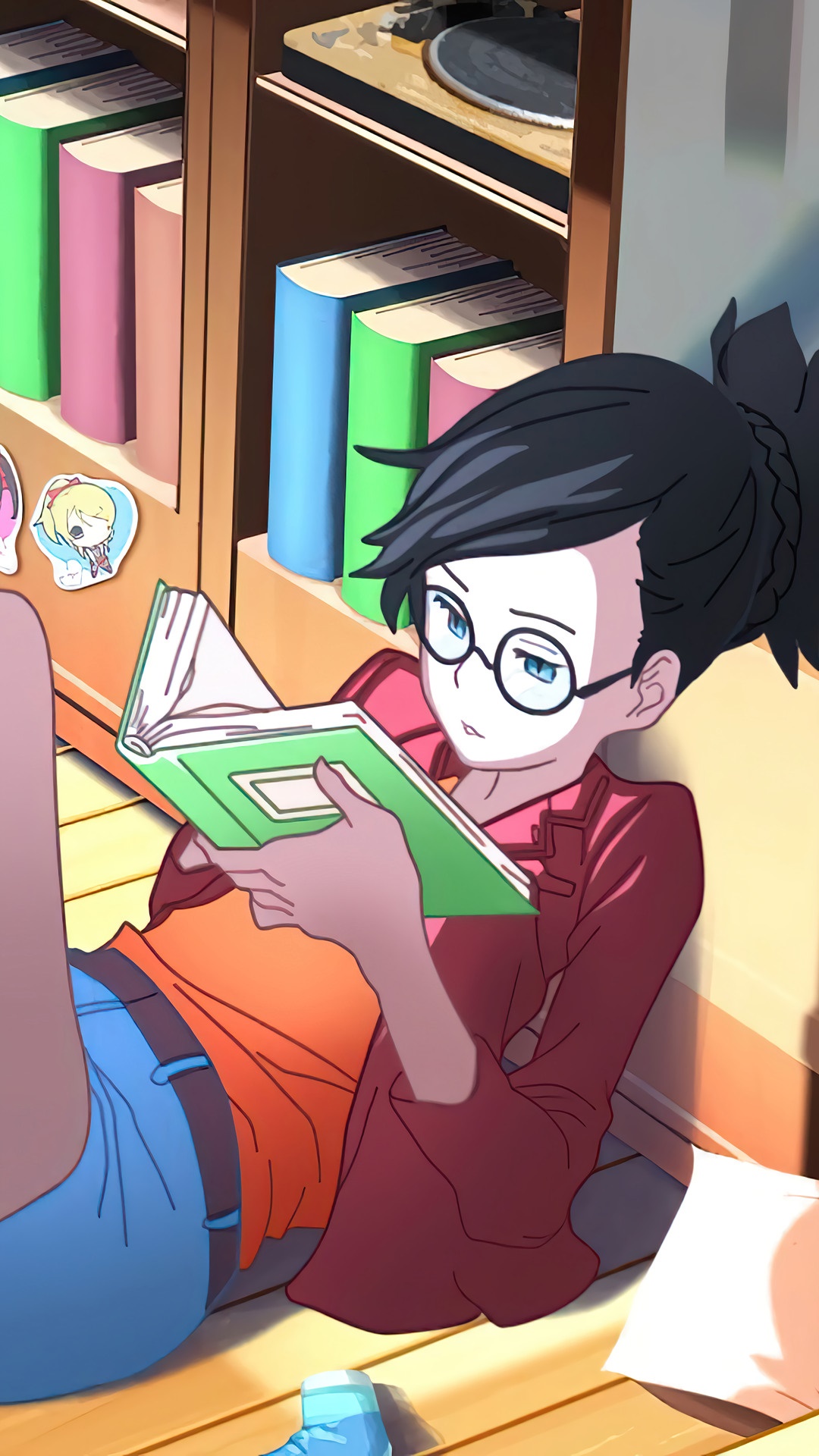 Girl with glasses reading a book in a library HD Phone Wallpaper