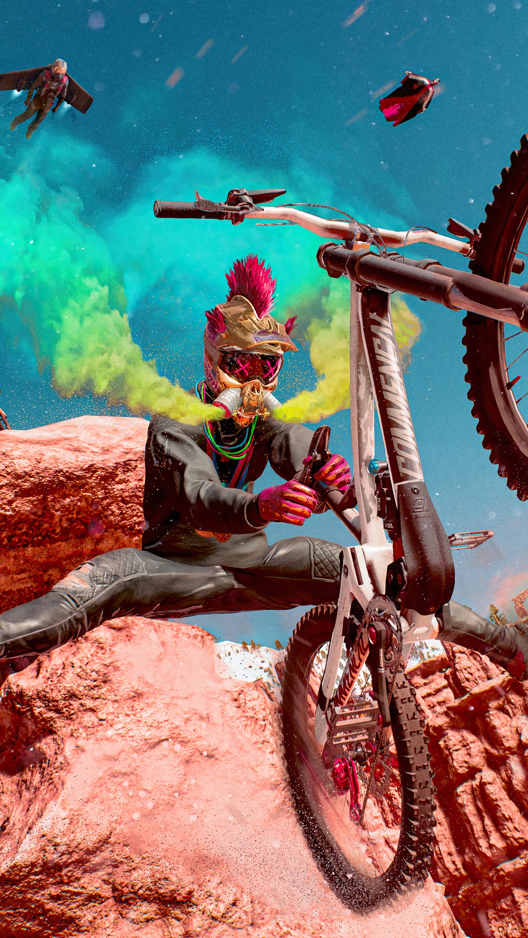 Riders Republic mountain biker with colorful smoke HD Phone Wallpaper