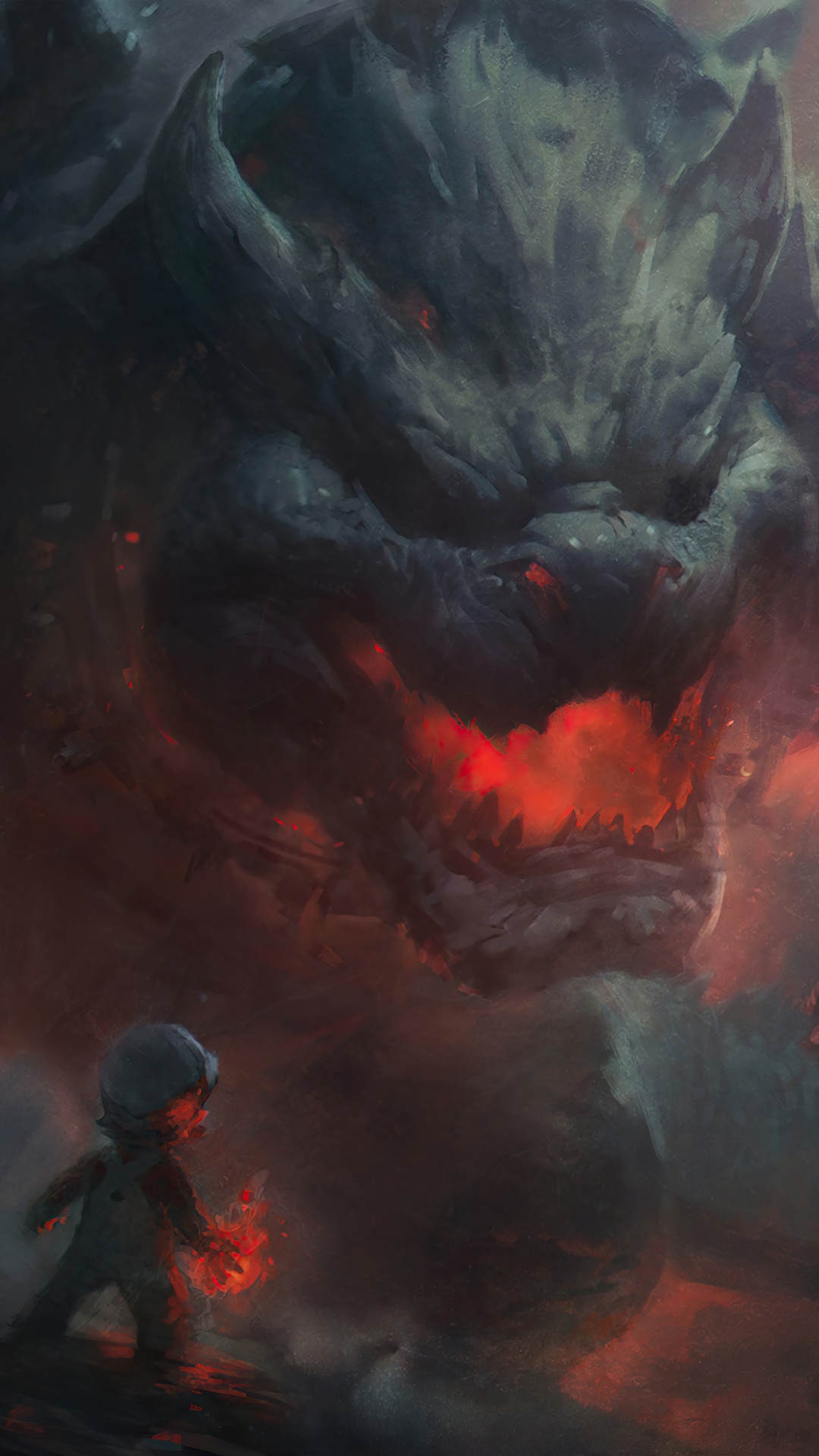 Mario facing a monstrous Bowser in a fiery landscape HD Phone Wallpaper