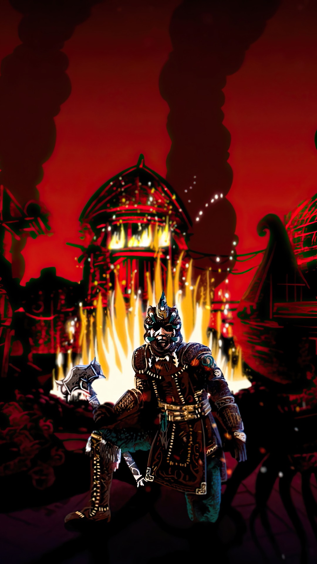 Viking warrior in front of burning village in For Honor HD Phone Wallpaper