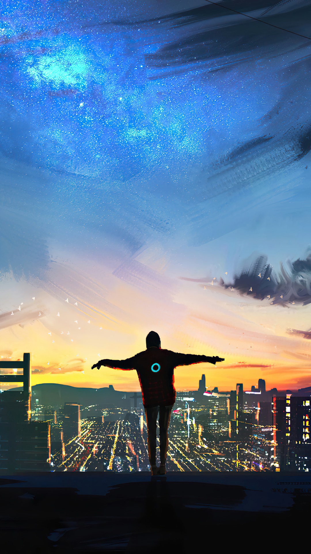 Silhouette of a person with arms outstretched overlooking a city at night HD Phone Wallpaper