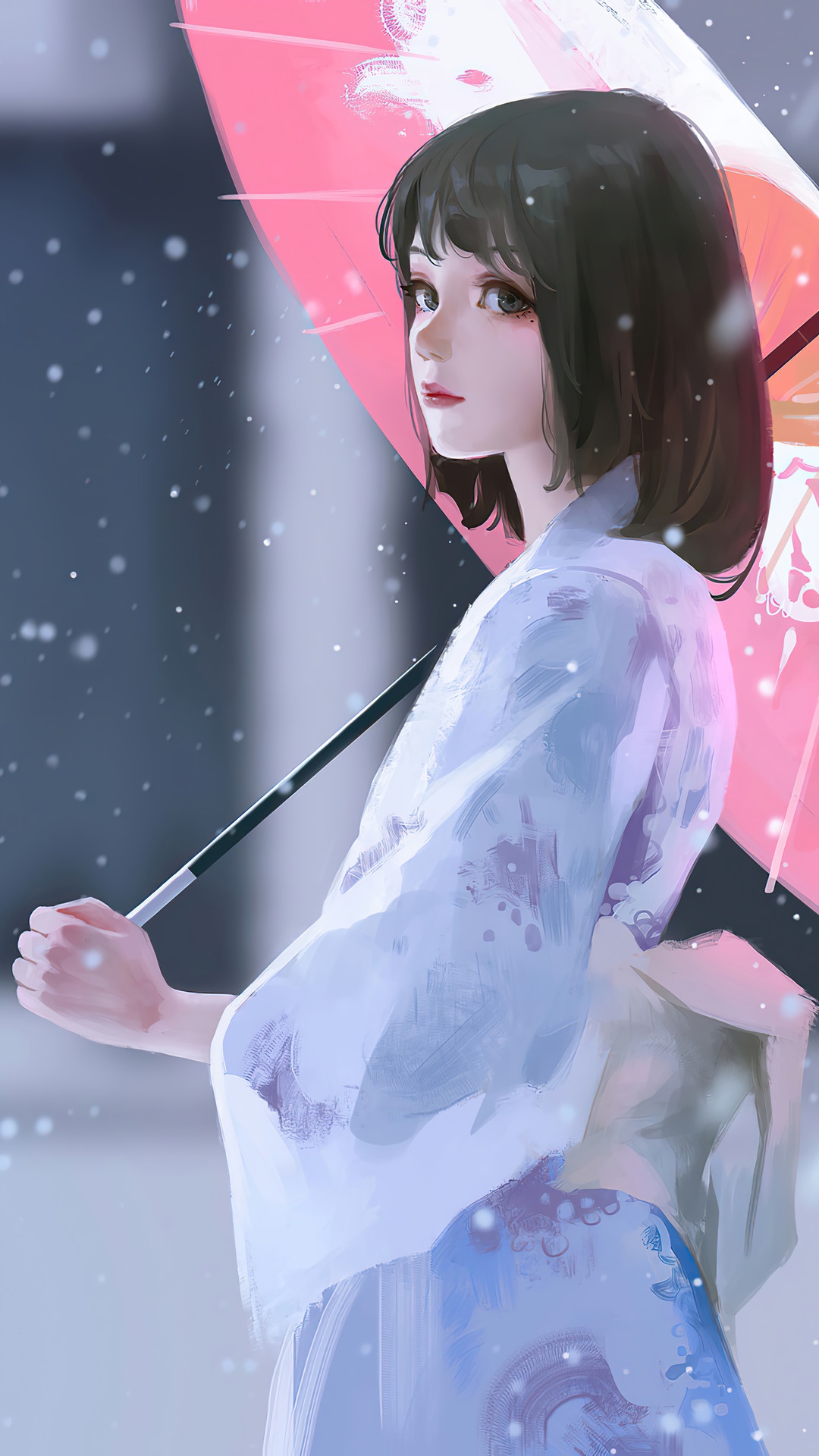 Anime girl in kimono holding an umbrella in snow HD Phone Wallpaper