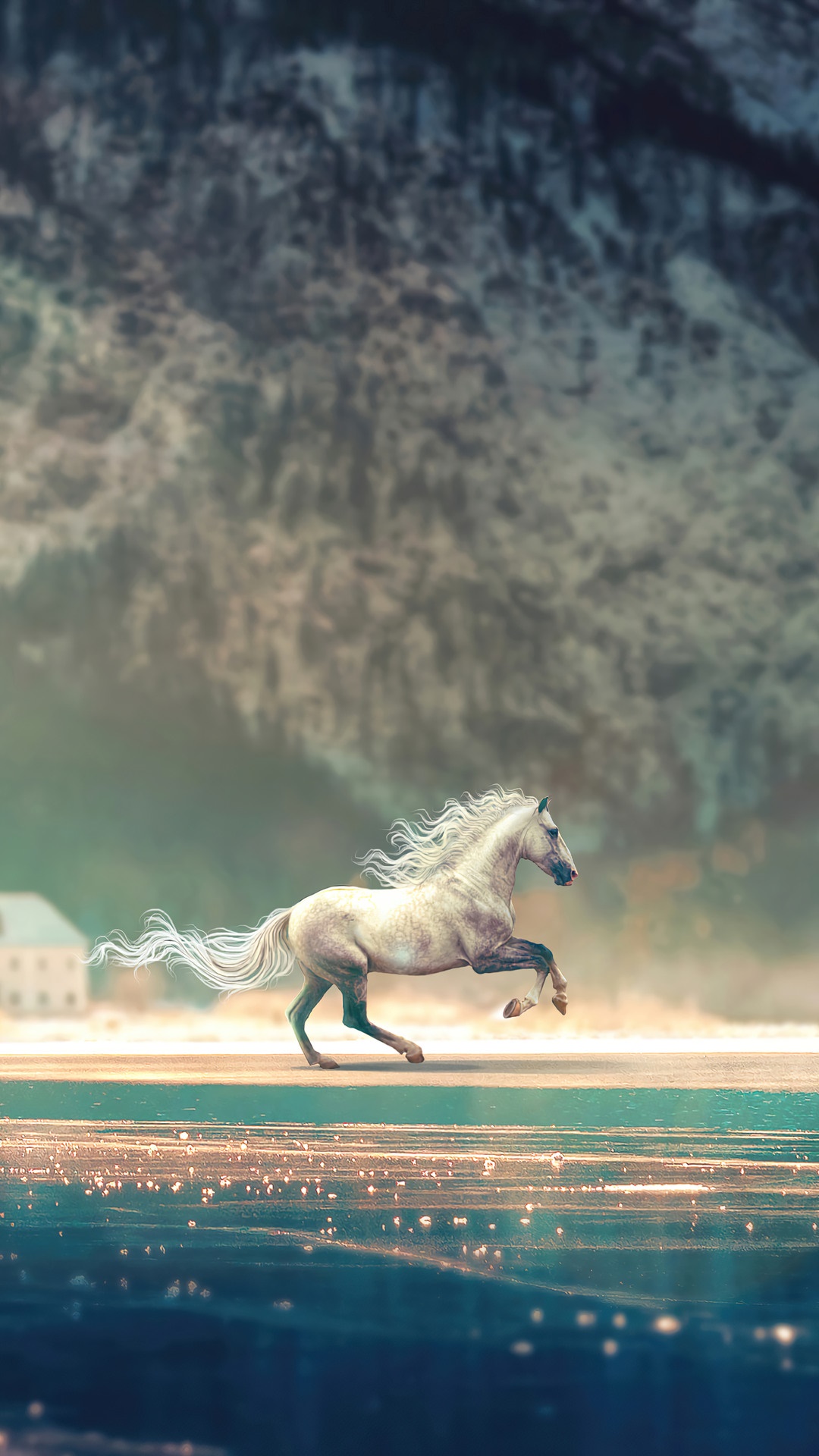 White horse running on a frozen lake with mountains HD Phone Wallpaper