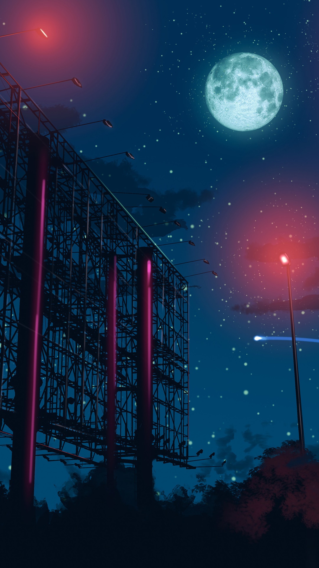 Anime night sky with moon and billboard HD Phone Wallpaper