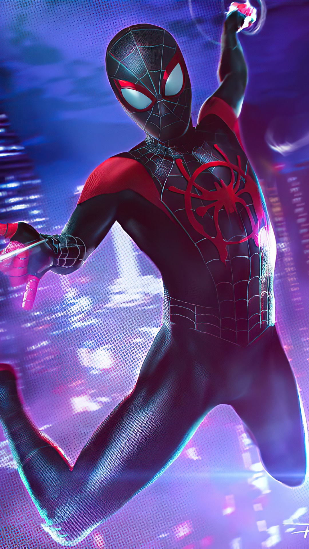 Miles Morales Spider-Man swinging through a city HD Phone Wallpaper