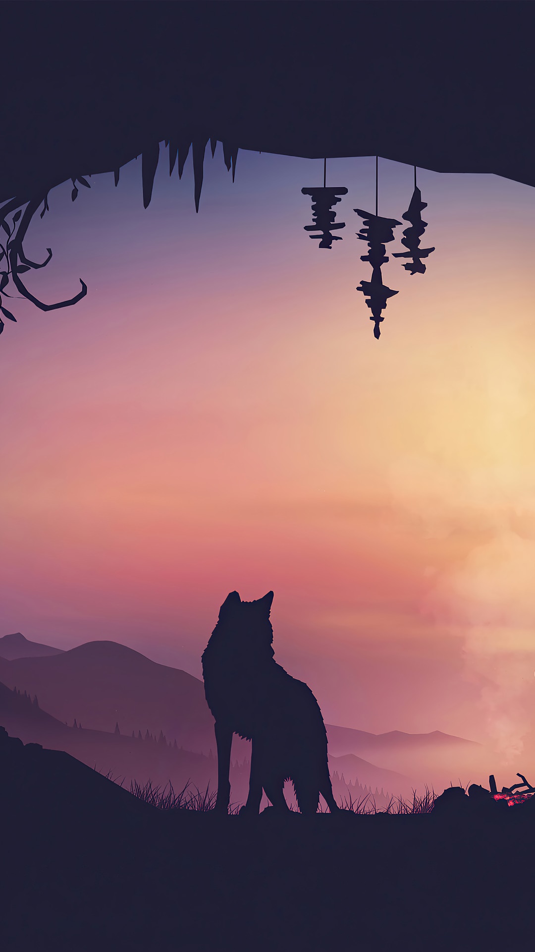 Silhouette of a wolf in a cave at sunset HD Phone Wallpaper