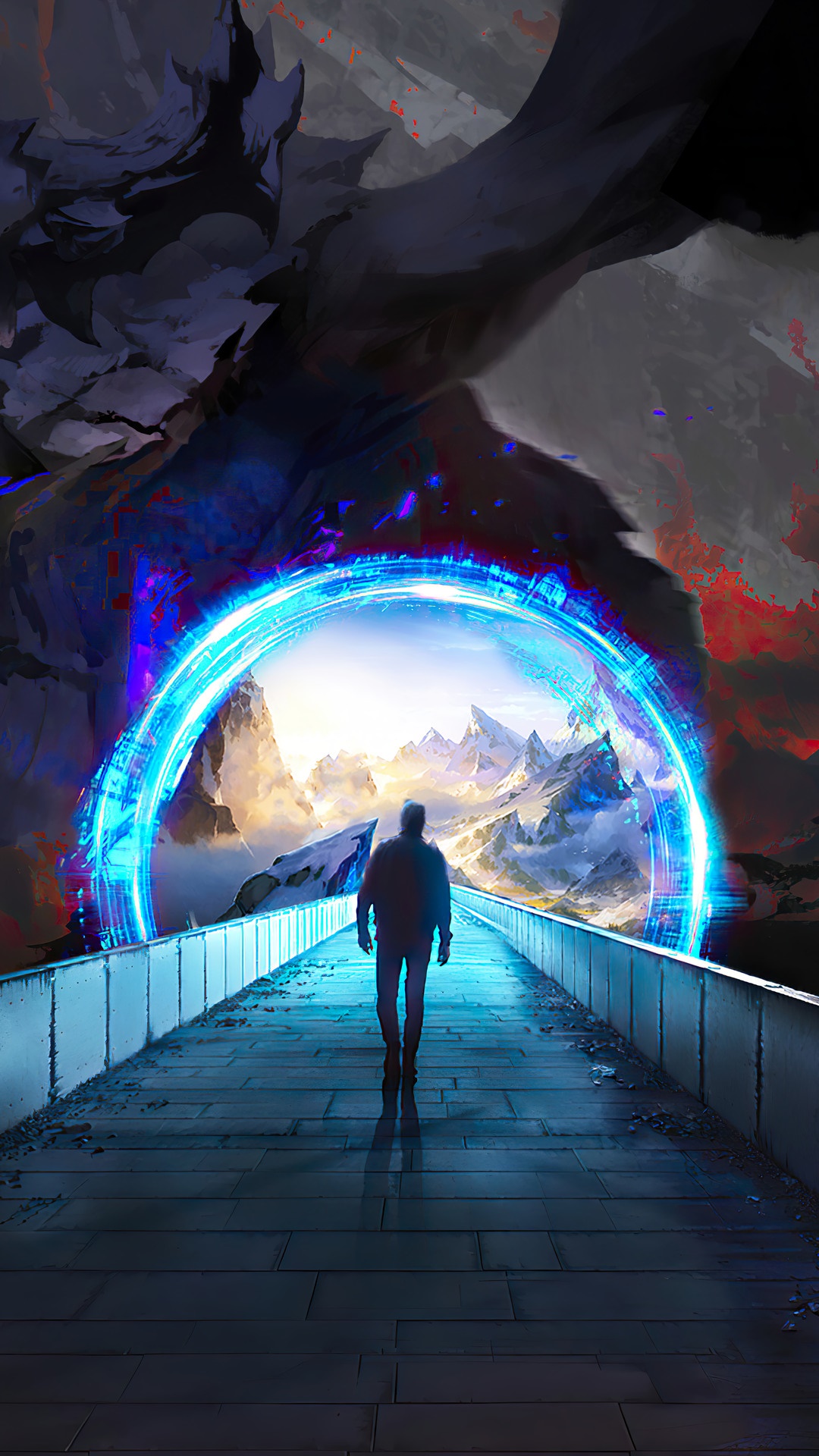 Man walks through a portal to a mountain landscape HD Phone Wallpaper