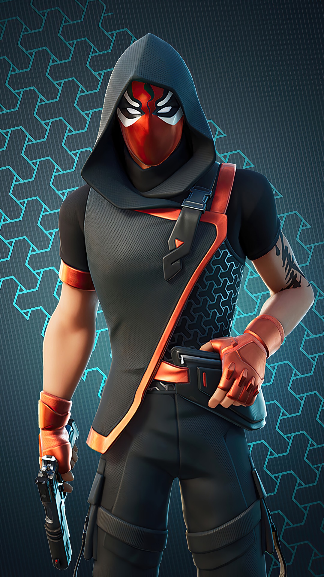 Fortnite character with red mask and hood HD Phone Wallpaper