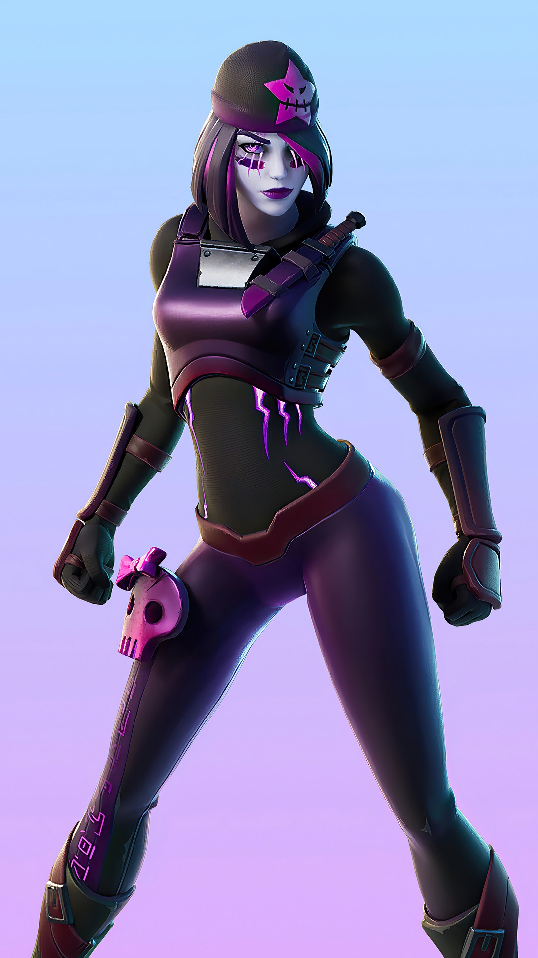 Fortnite character with purple accents and skull accessory HD Phone Wallpaper