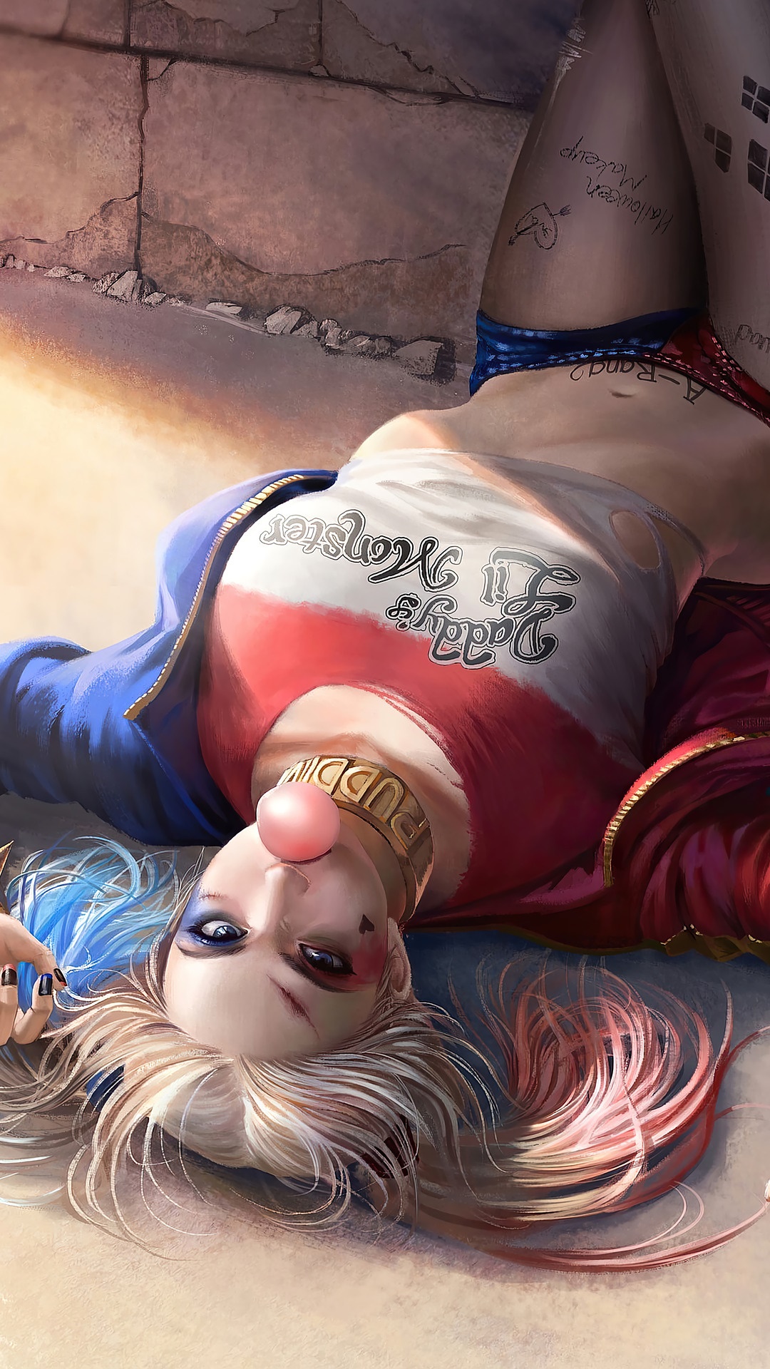 Harley Quinn from DC Comics lying down HD Phone Wallpaper