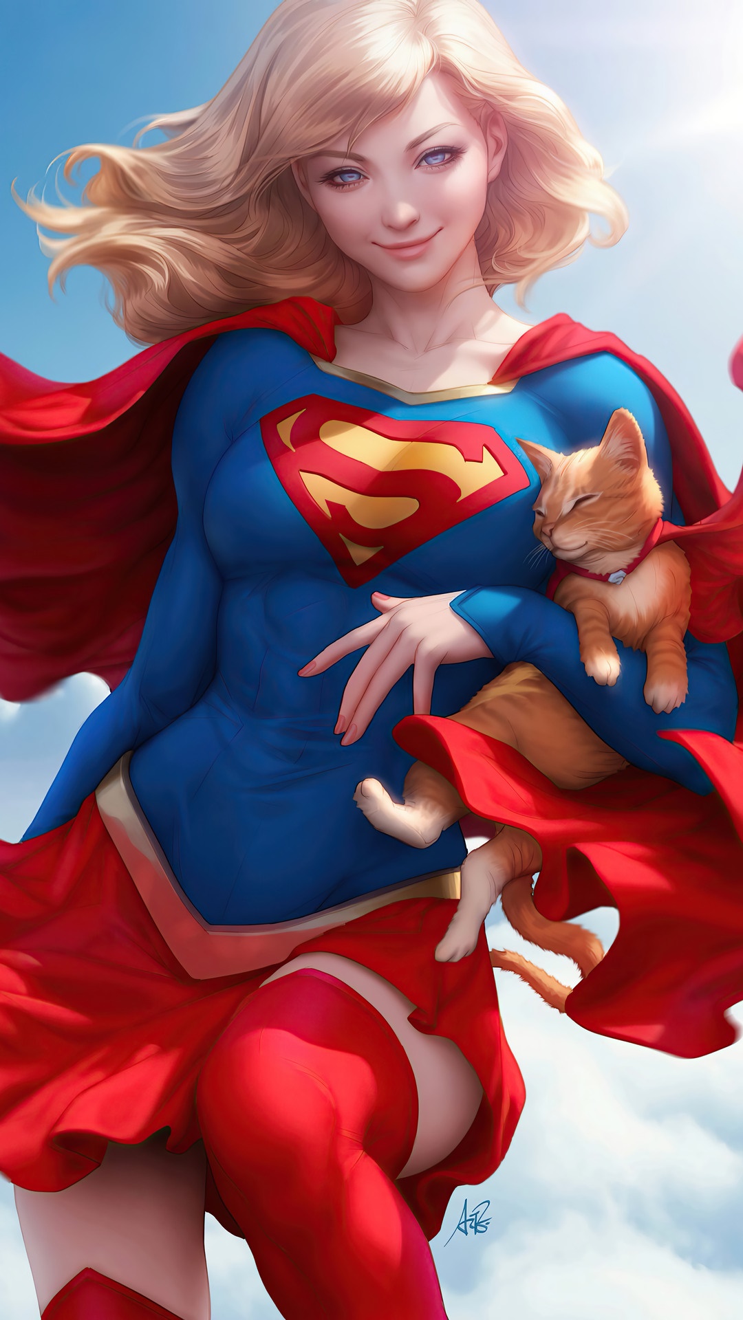 Supergirl holding a cat with a red cape HD Phone Wallpaper