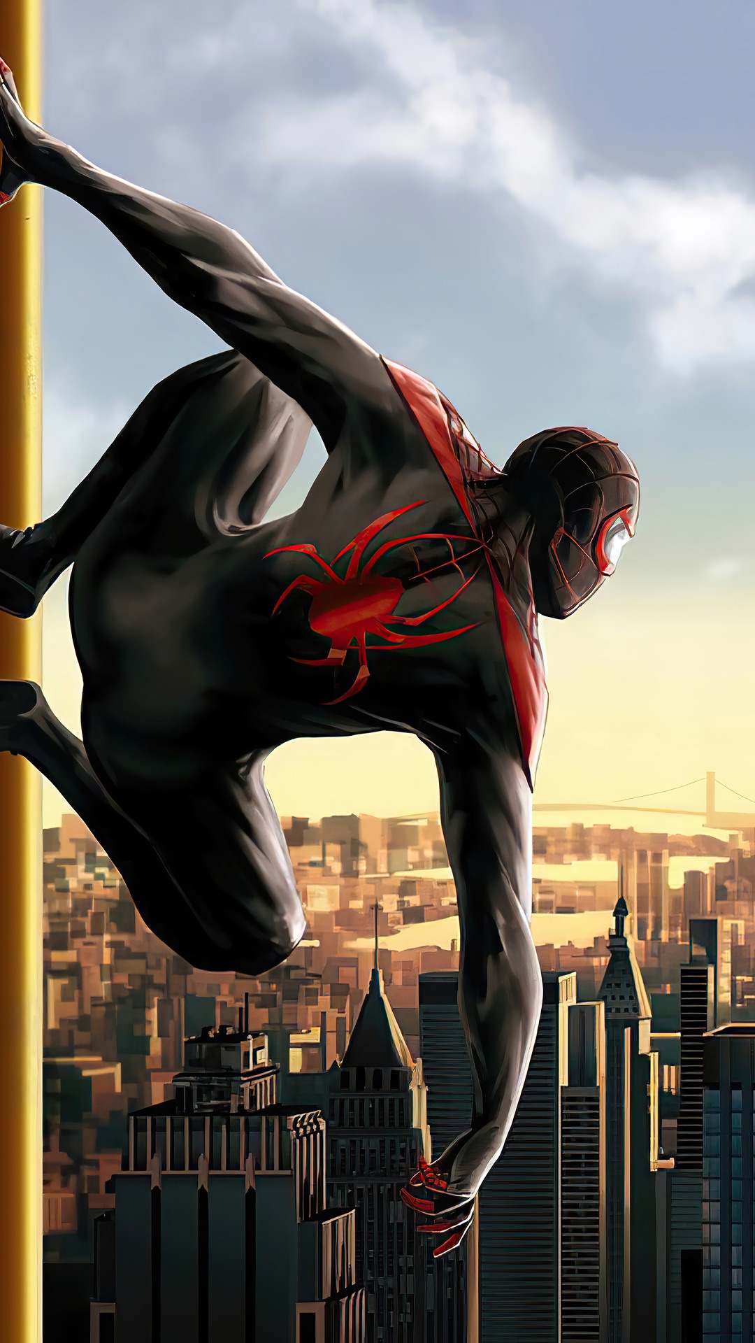 Miles Morales Spider-Man on a building HD Phone Wallpaper