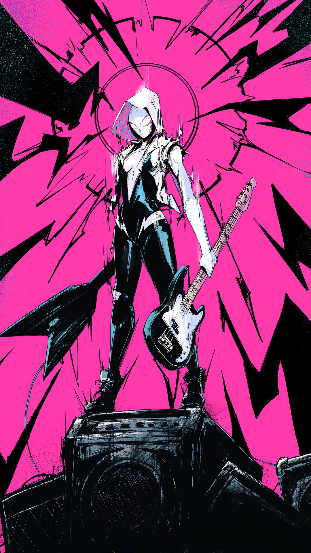Spider-Gwen from Marvel Comics holding a bass guitar HD Phone Wallpaper