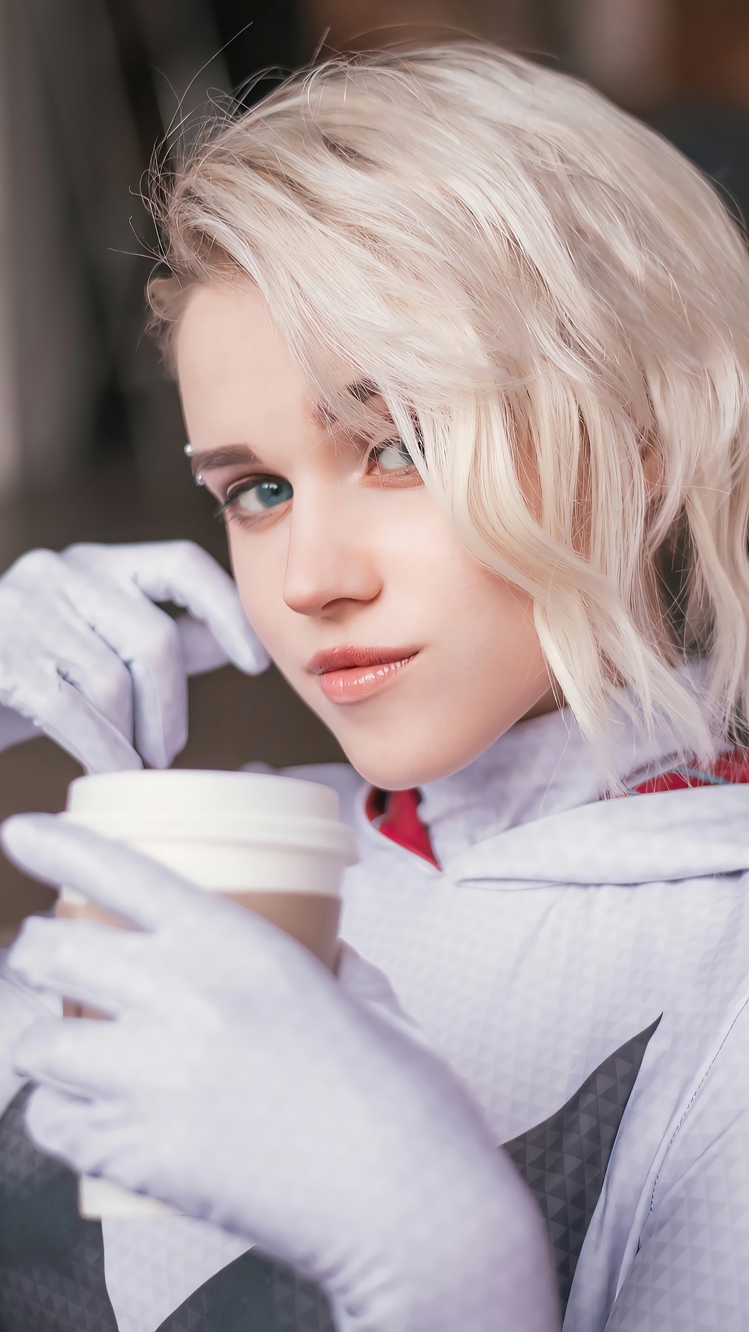 Spider-Gwen from Marvel Comics Cosplay with Coffee HD Phone Wallpaper