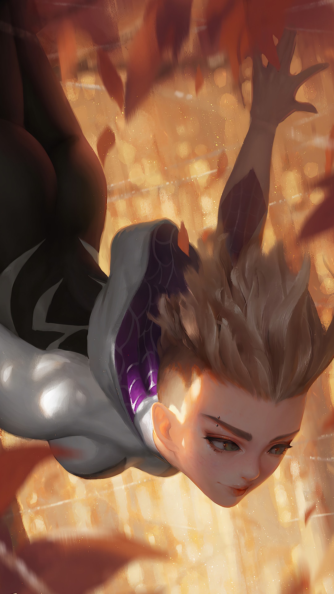 Spider-Gwen from Marvel Comics falling through autumn leaves HD Phone Wallpaper