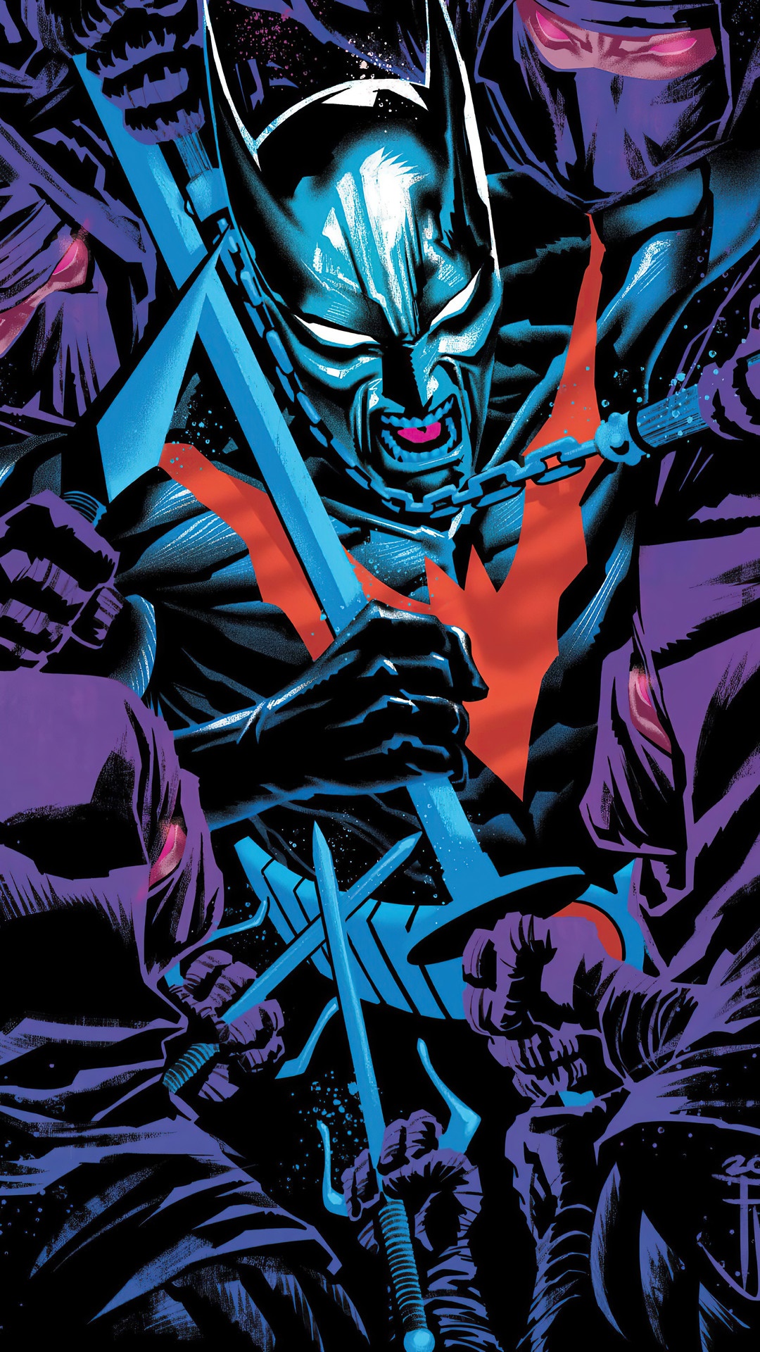 Batman Beyond fighting ninjas with swords HD Phone Wallpaper