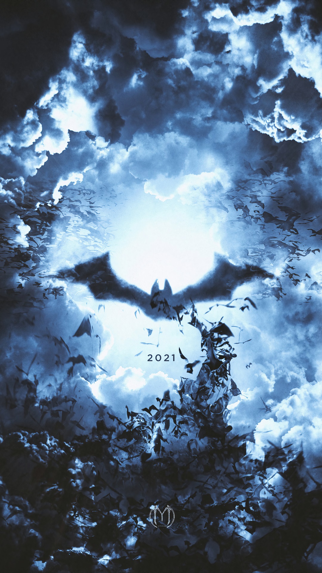 The Batman movie logo with bats and clouds HD Phone Wallpaper