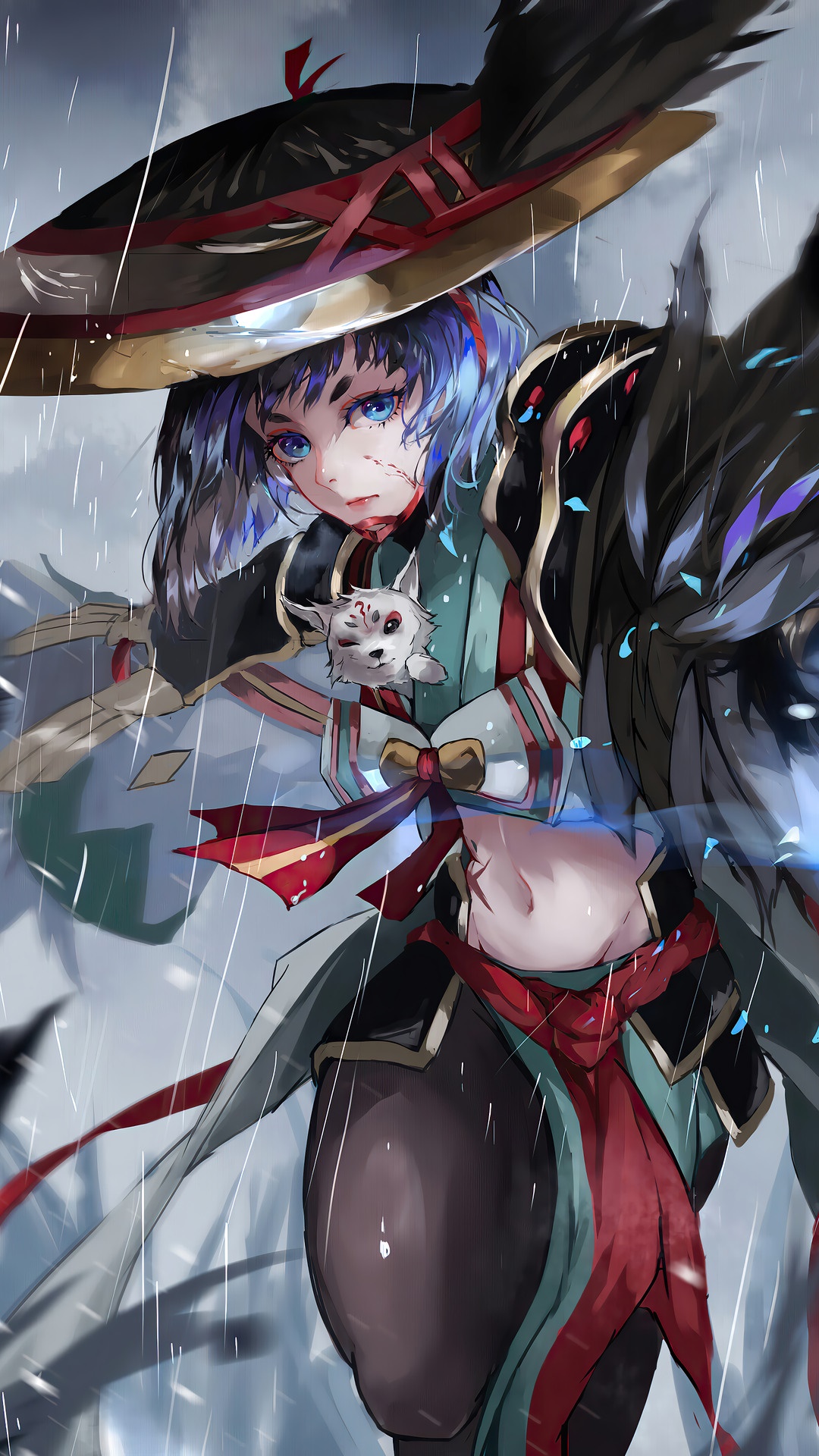 Anime girl with fox mask in the rain HD Phone Wallpaper