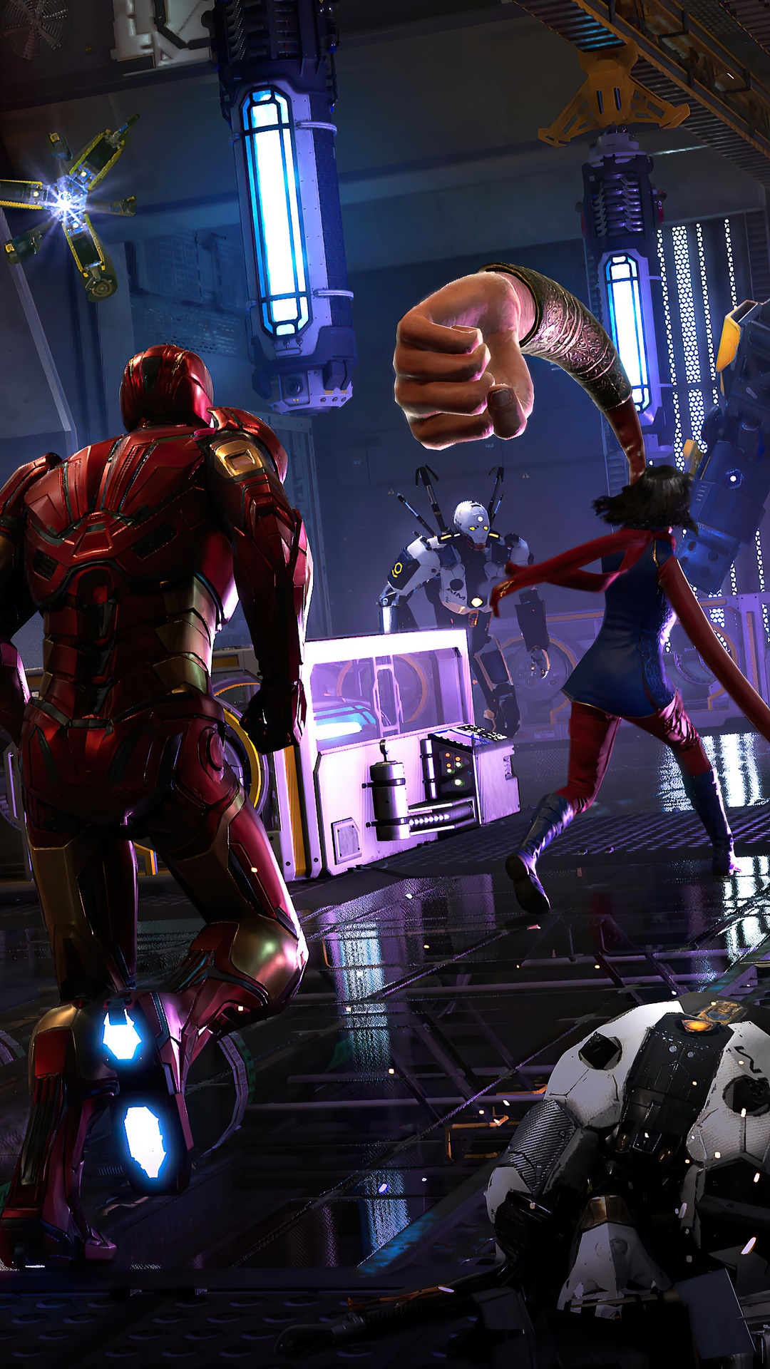 Iron Man and Ms. Marvel fighting robots in Marvel's Avengers HD Phone Wallpaper