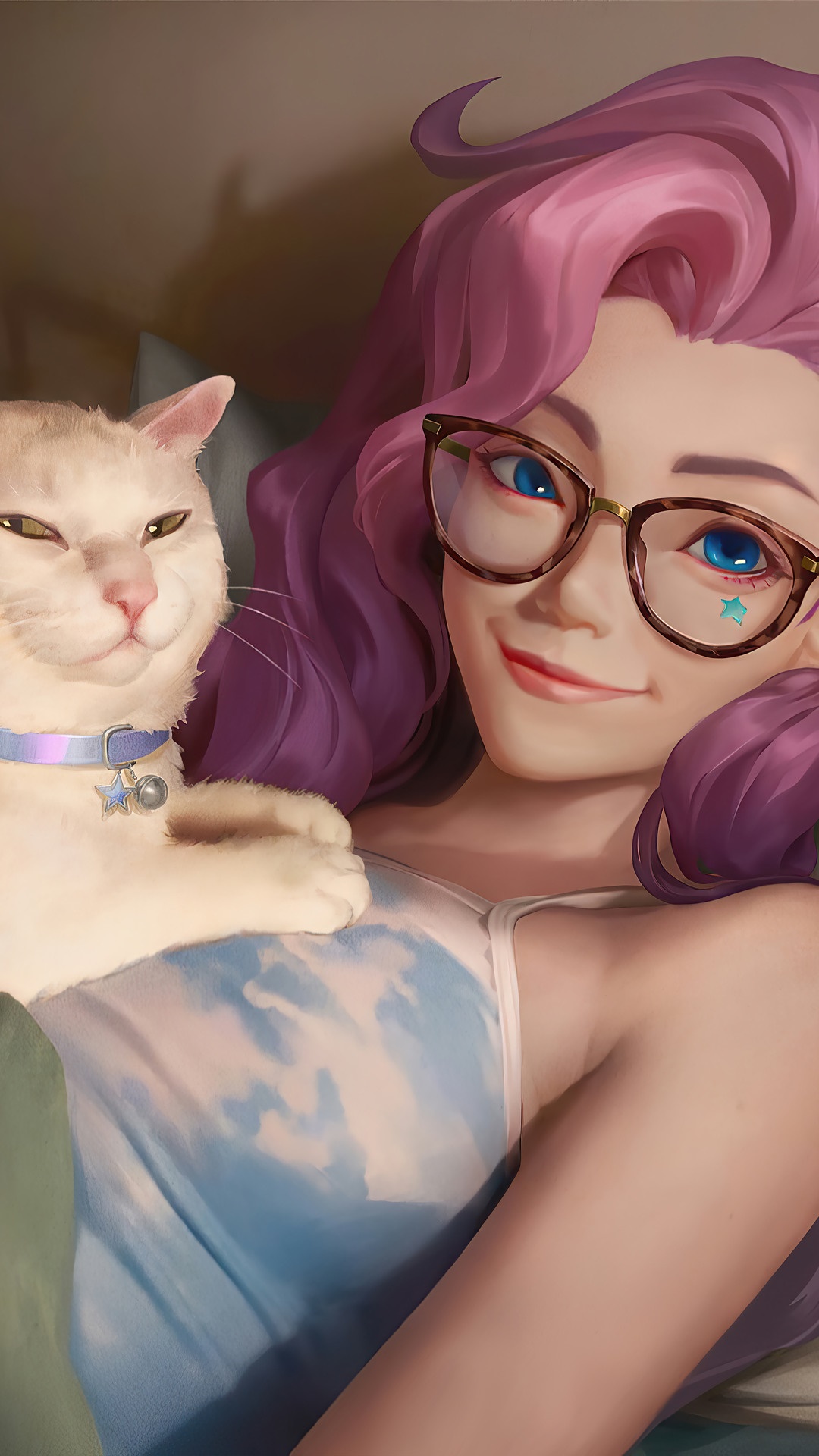 Seraphine from League of Legends with a cat HD Phone Wallpaper