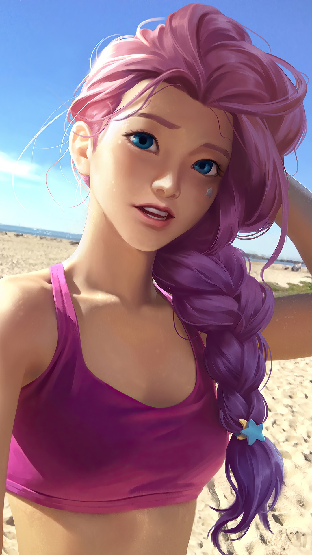 Seraphine from League of Legends on a beach HD Phone Wallpaper