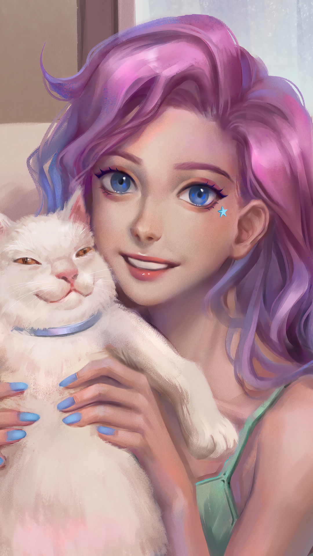 Seraphine from League of Legends holding a cat HD Phone Wallpaper