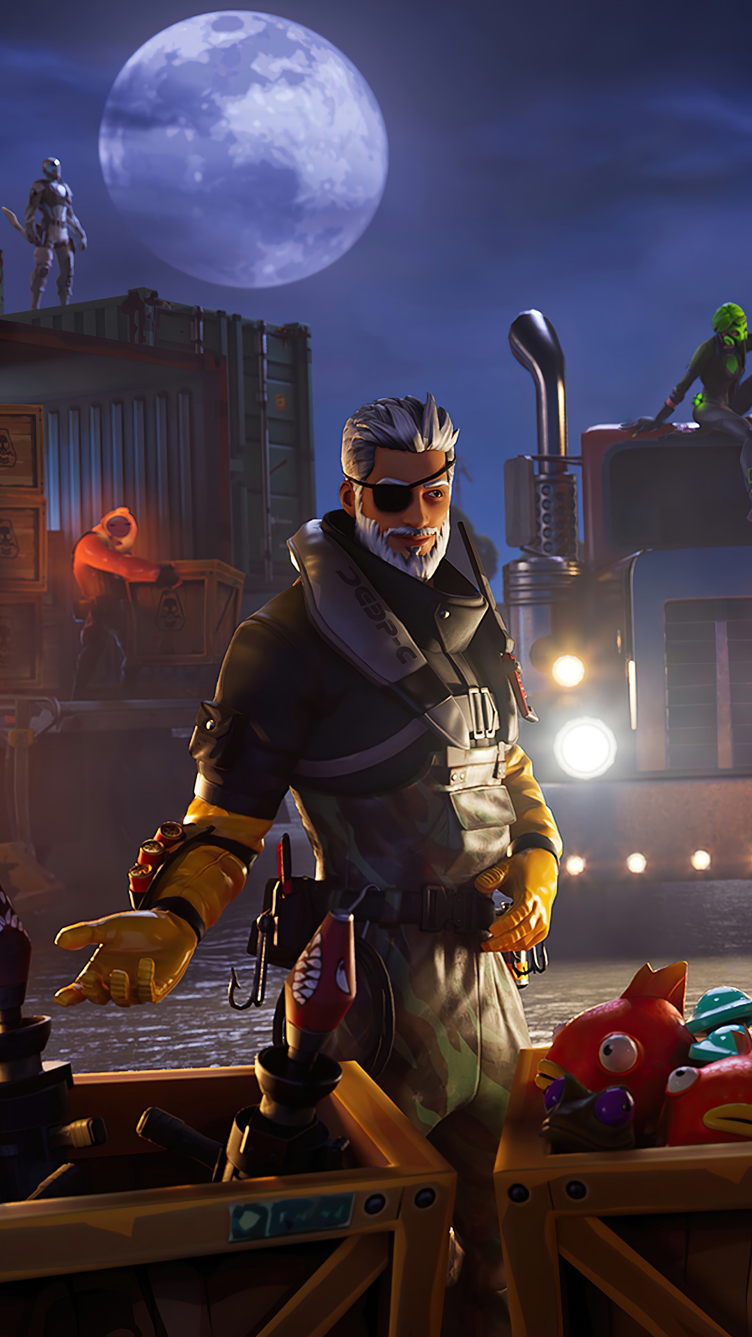 Fortnite Battle Royale characters in a moonlit scene HD Phone Wallpaper