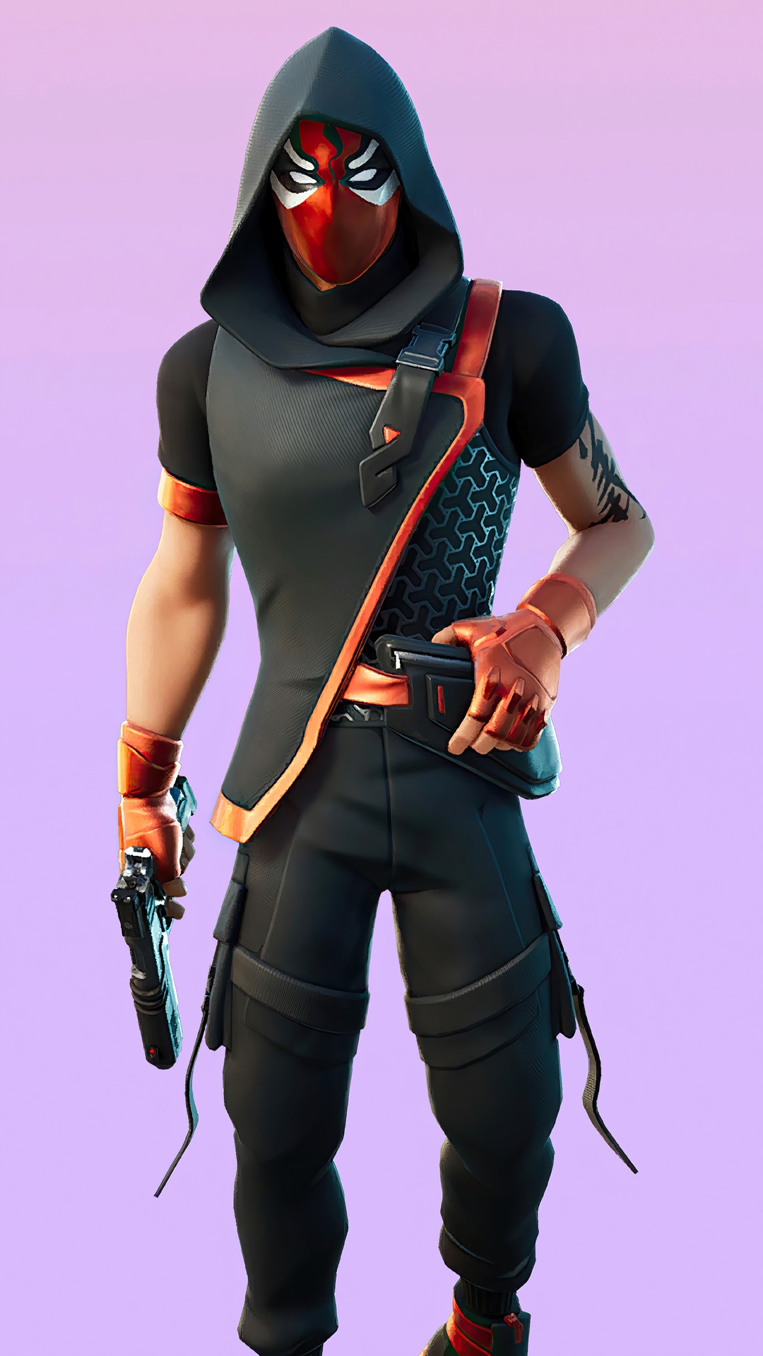 Fortnite character with red and black outfit holding a gun HD Phone Wallpaper