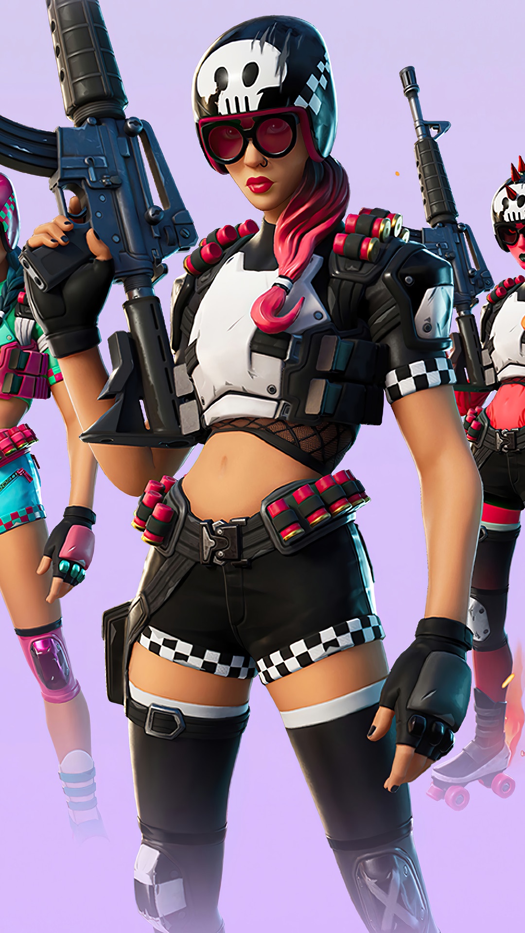 Fortnite characters with skull helmets and weapons HD Phone Wallpaper