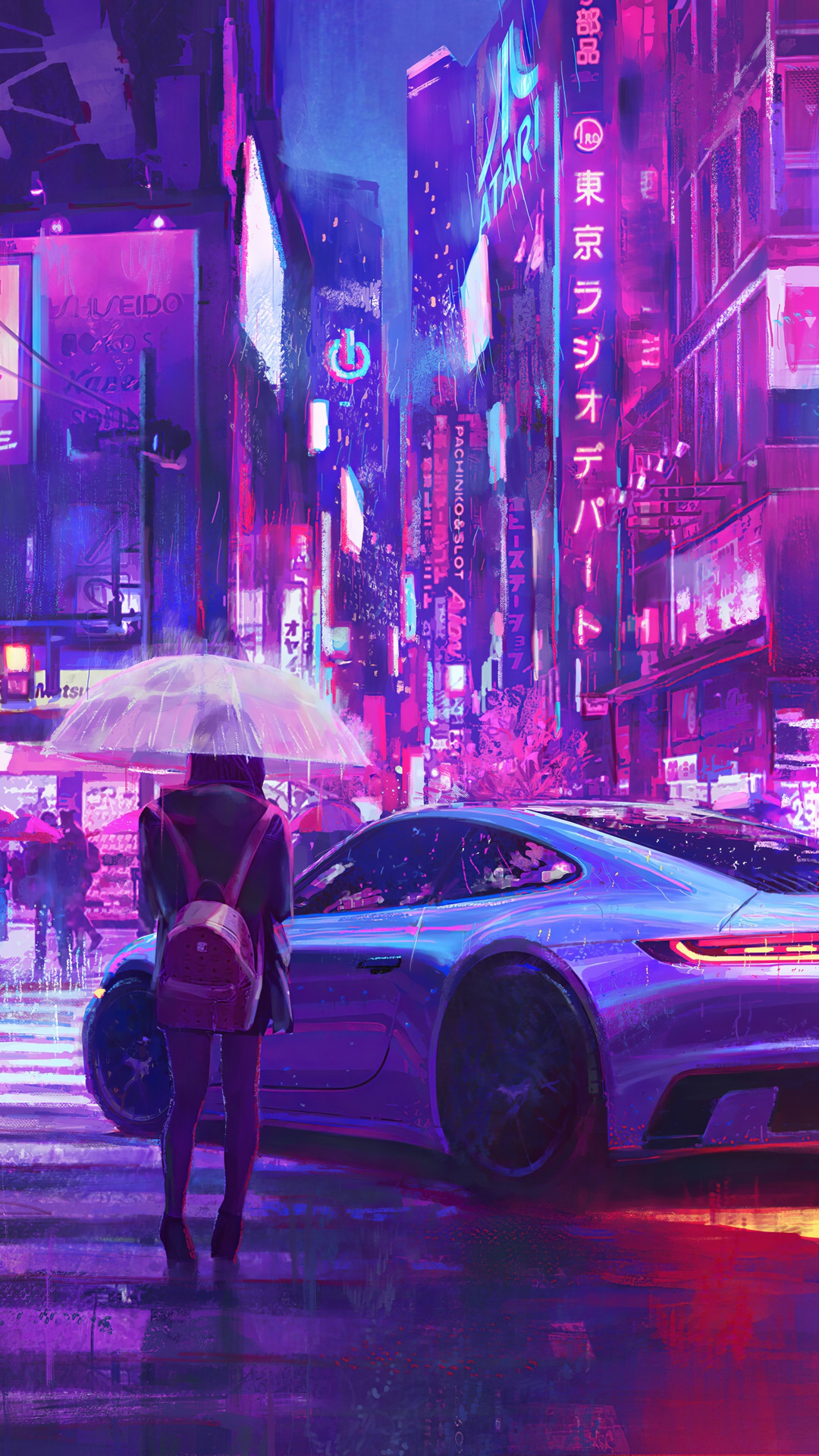 Girl with umbrella and car in neon city at night HD Phone Wallpaper