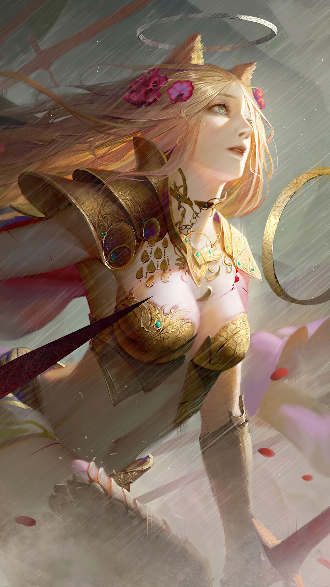 Fantasy warrior girl with cat ears and armor HD Phone Wallpaper