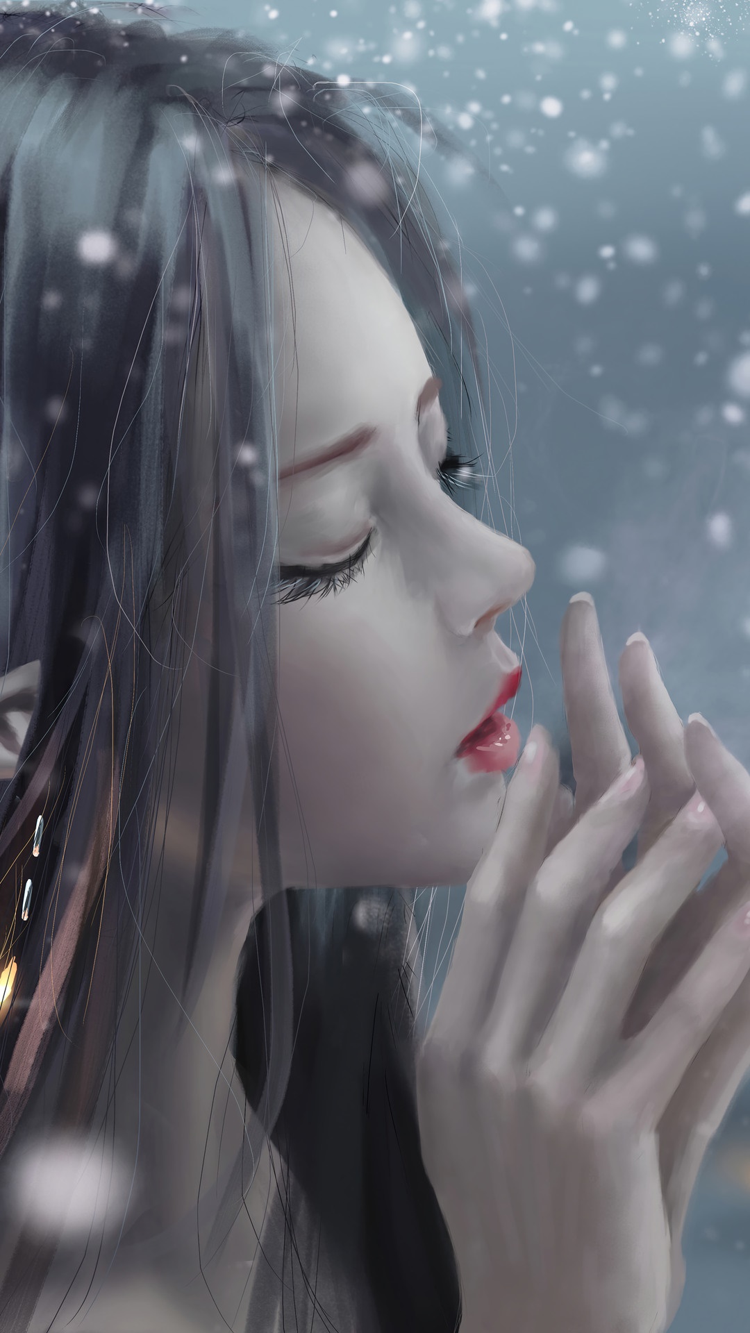Elf girl with closed eyes in the snow HD Phone Wallpaper