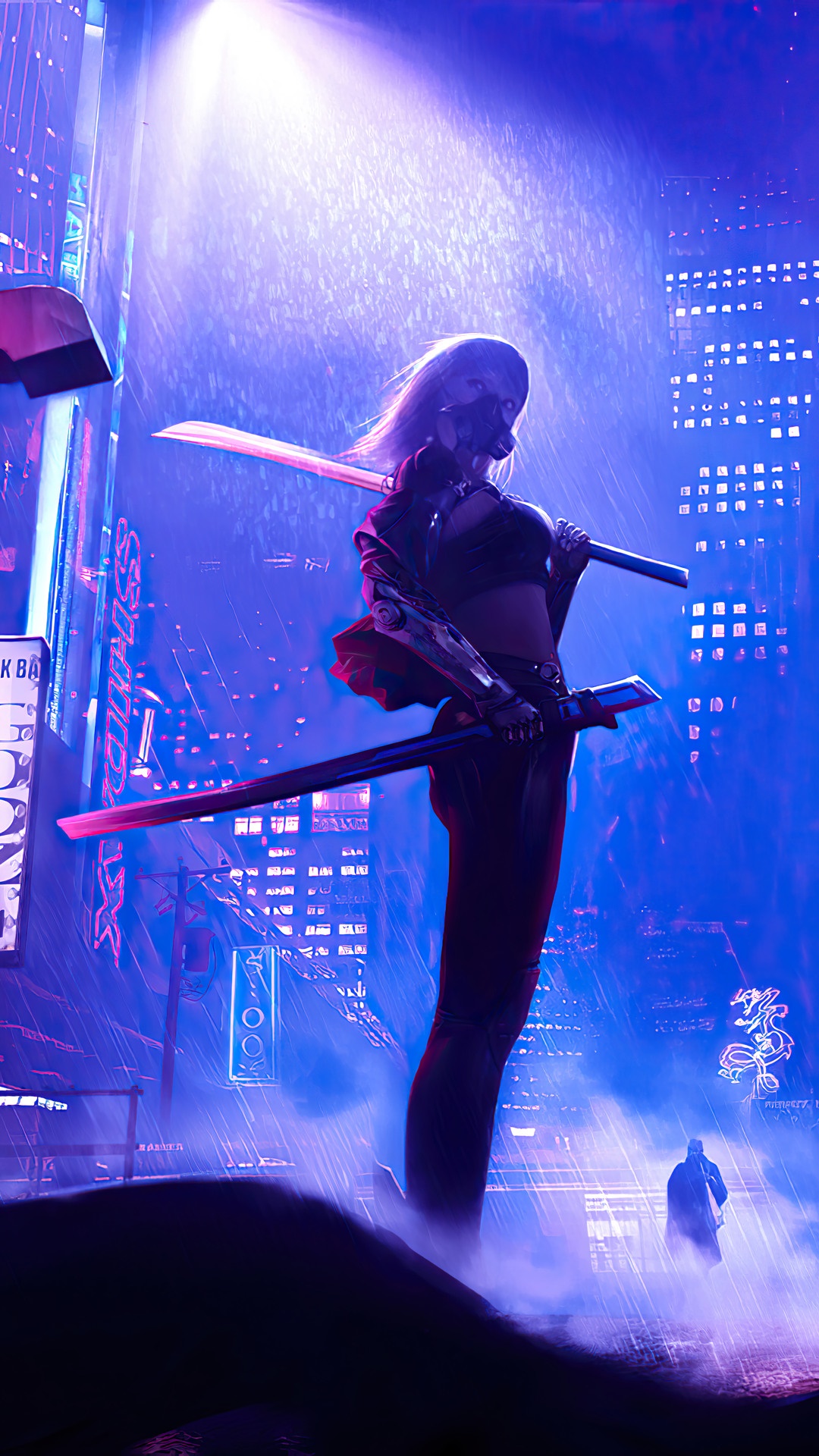 Cyberpunk woman with swords in a rainy neon city HD Phone Wallpaper