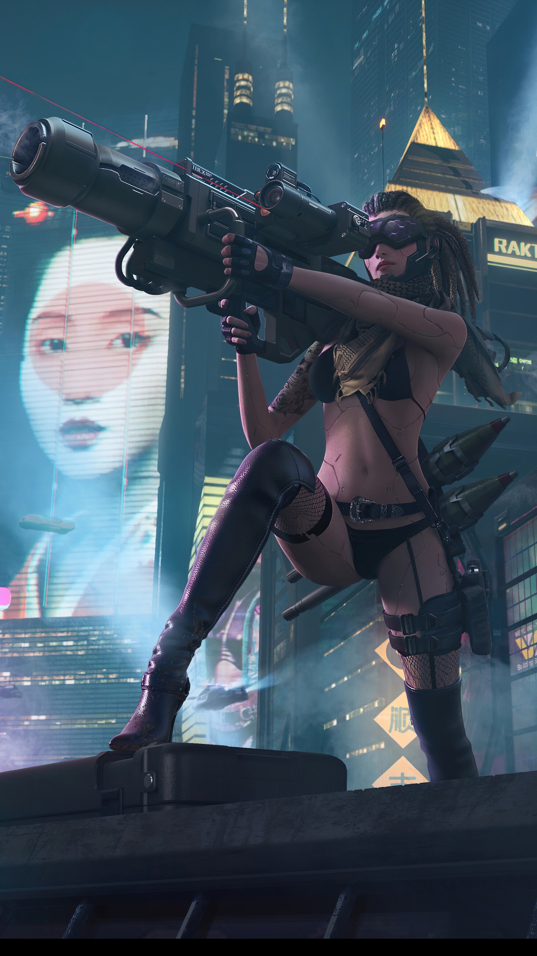 Cyberpunk girl with rocket launcher in futuristic city HD Phone Wallpaper