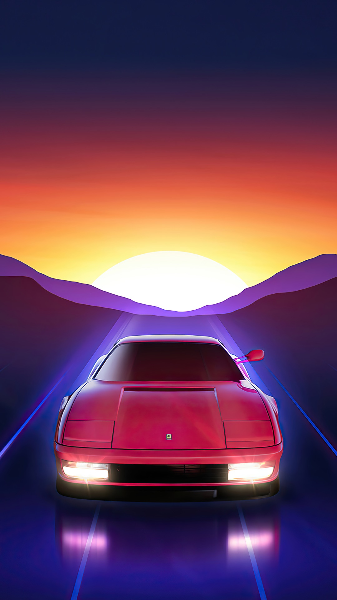 Red Ferrari Sports Car Driving Towards Sunrise HD Phone Wallpaper