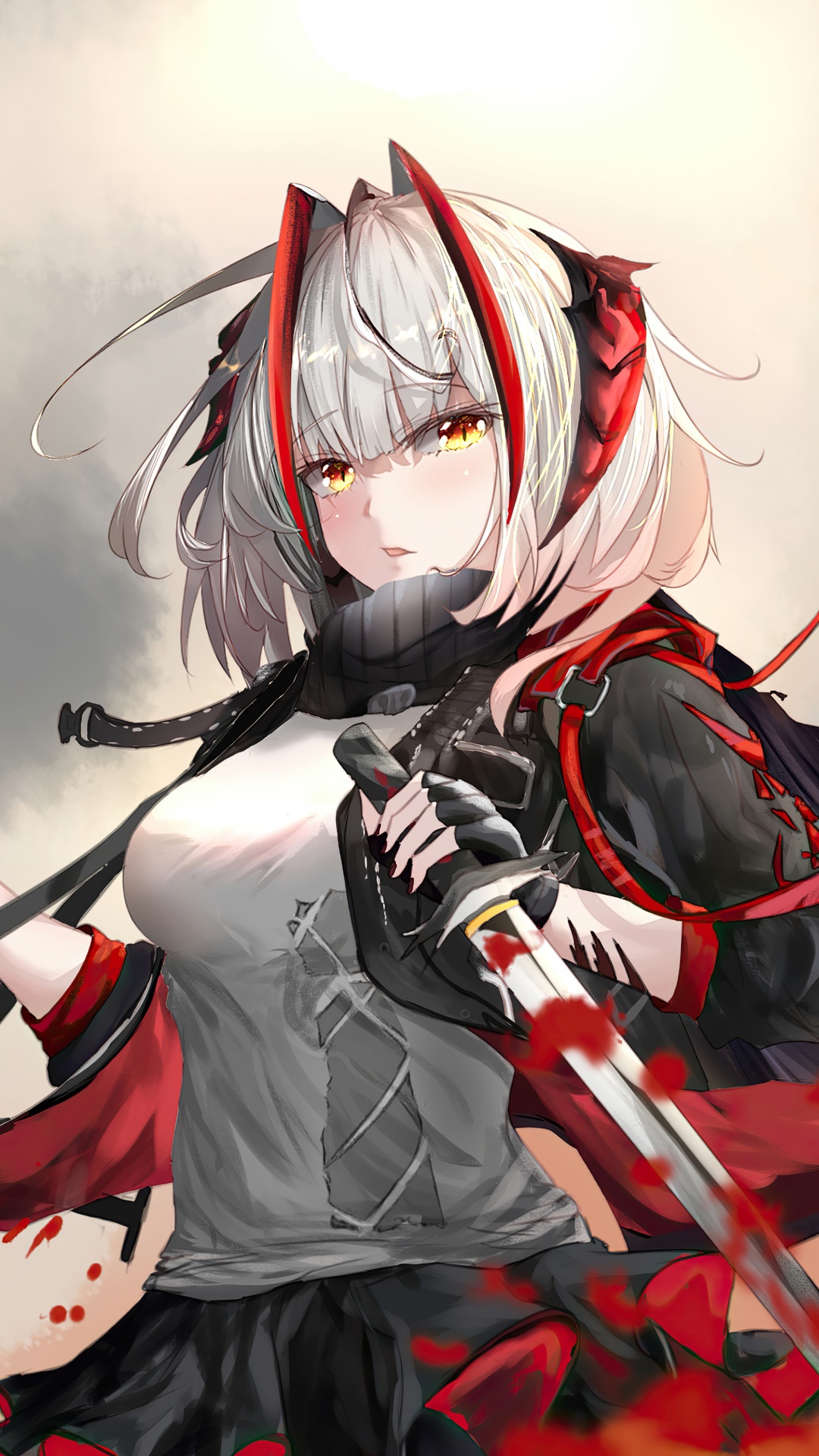 W from Arknights holding a bloody sword HD Phone Wallpaper