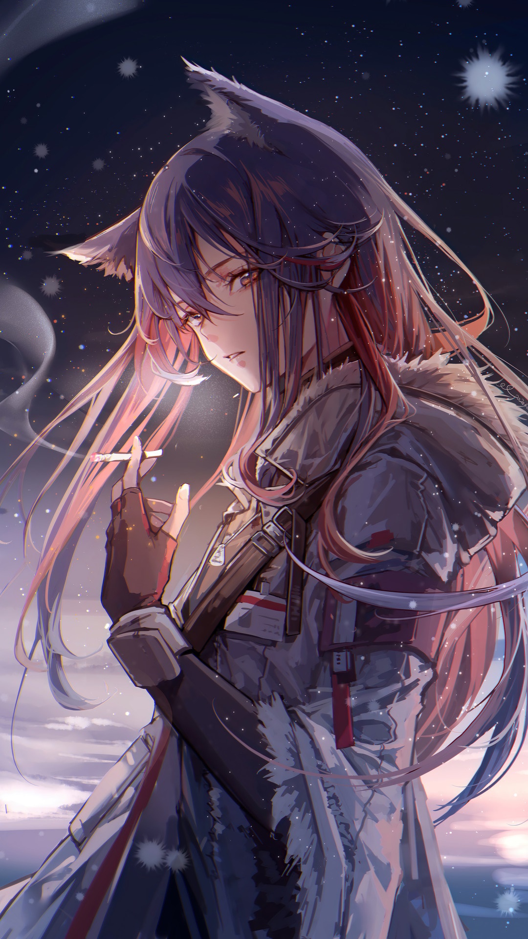 Texas from Arknights smoking in the snow HD Phone Wallpaper