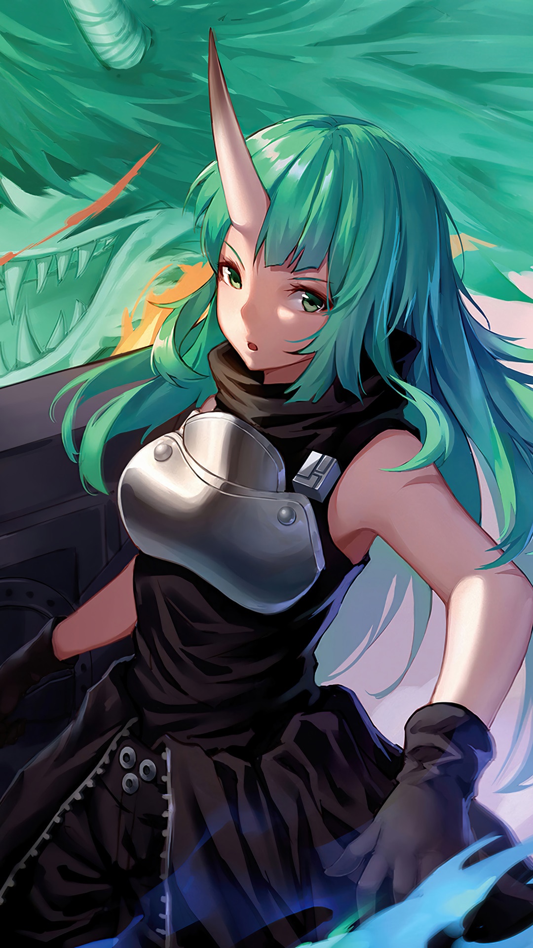 Hoshiguma from Arknights with a dragon HD Phone Wallpaper