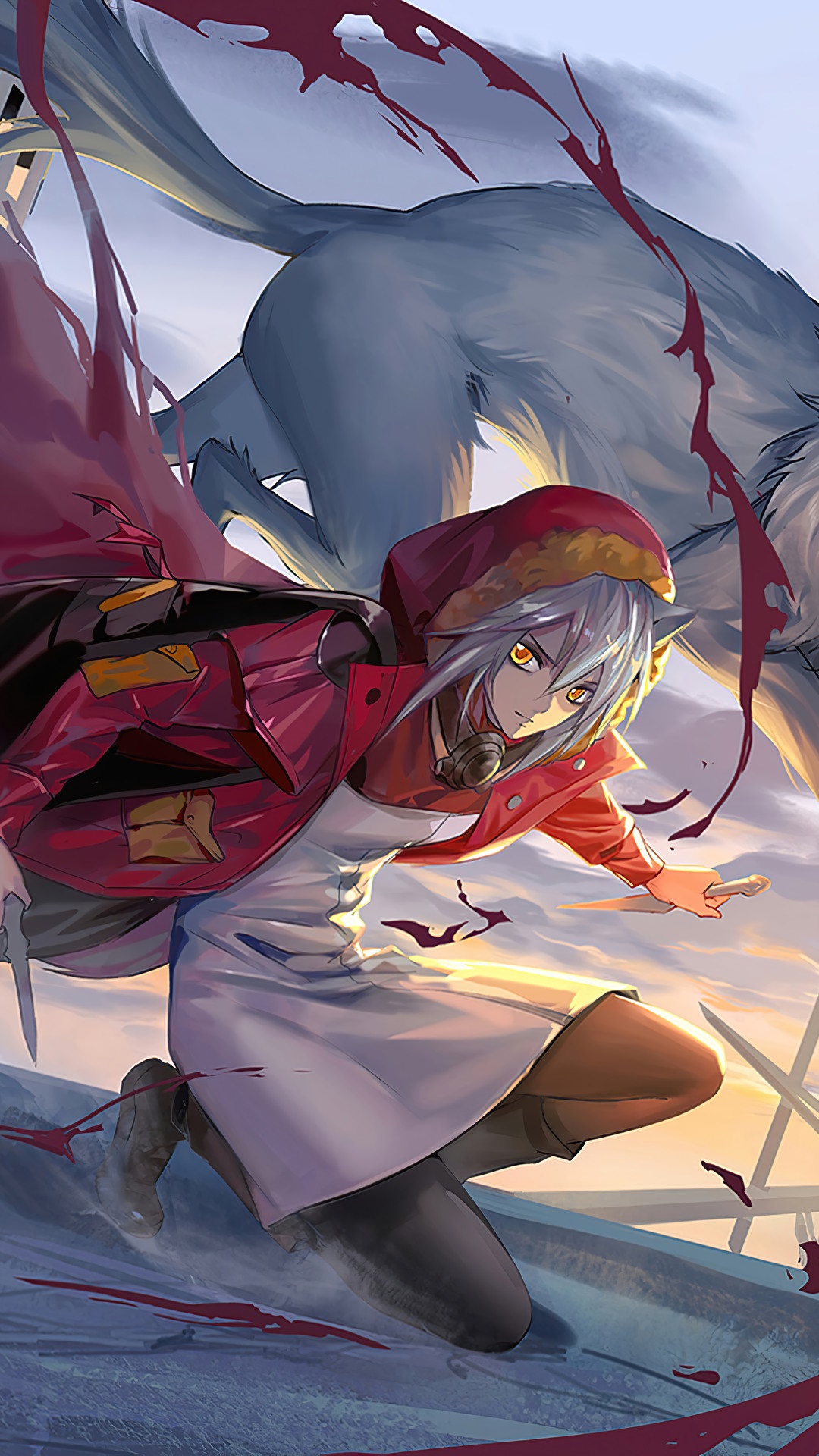 Girl in red cloak with wolf from Arknights HD Phone Wallpaper