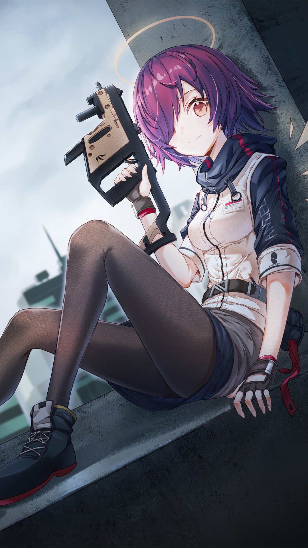 Exusiai from Arknights holding a gun HD Phone Wallpaper