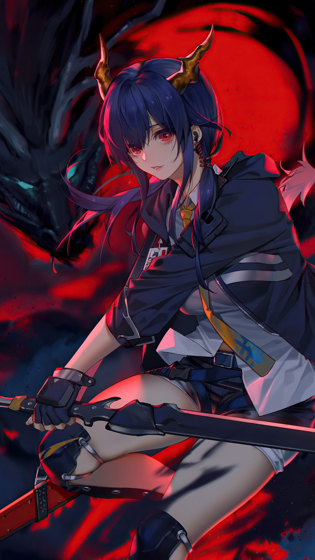 Chen from Arknights with Dragon and Red Moon HD Phone Wallpaper