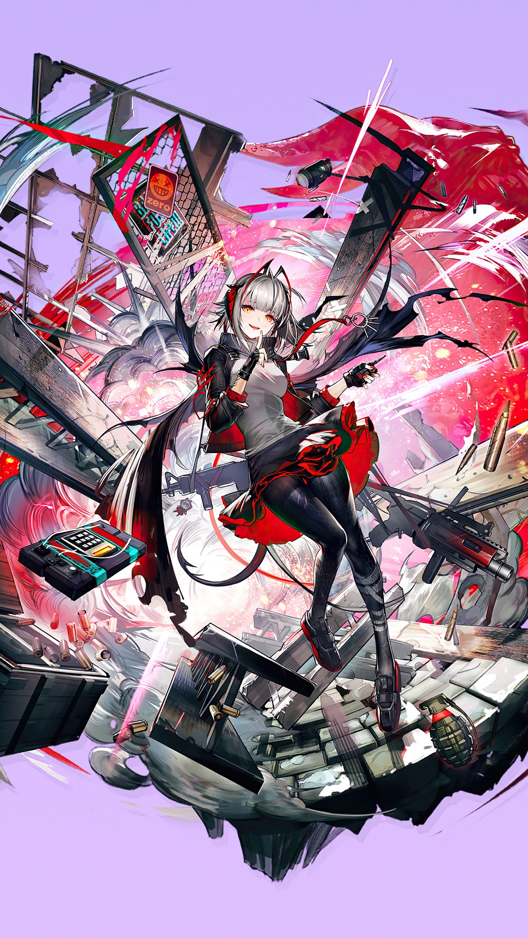 W from Arknights with weapons and debris HD Phone Wallpaper