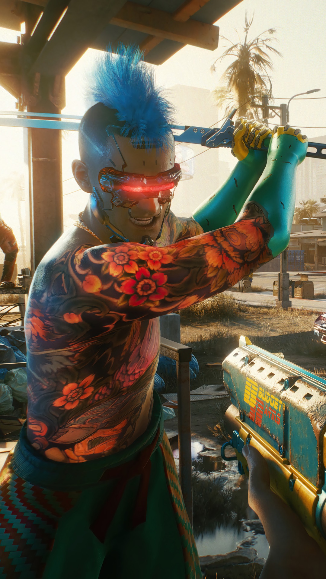 Cyberpunk 2077 character with katana and gun HD Phone Wallpaper