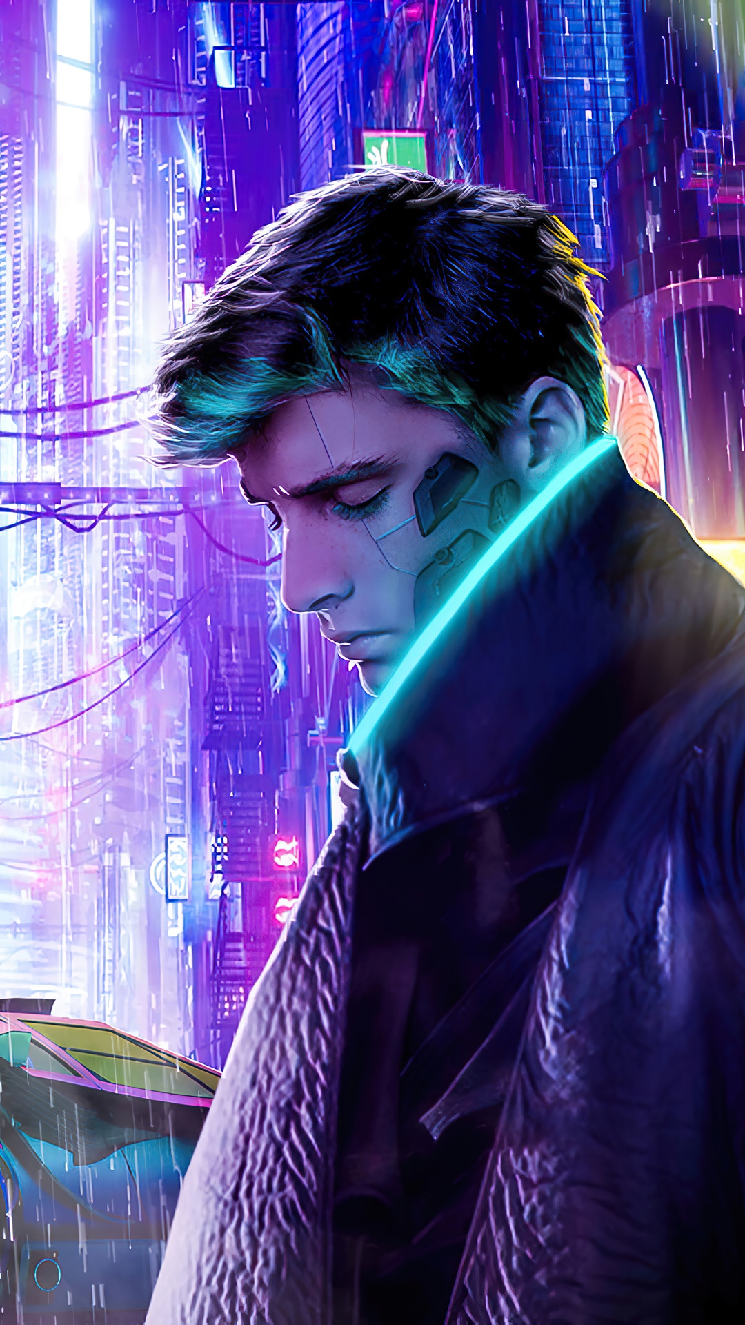 Man with cybernetic implants in a neon city HD Phone Wallpaper