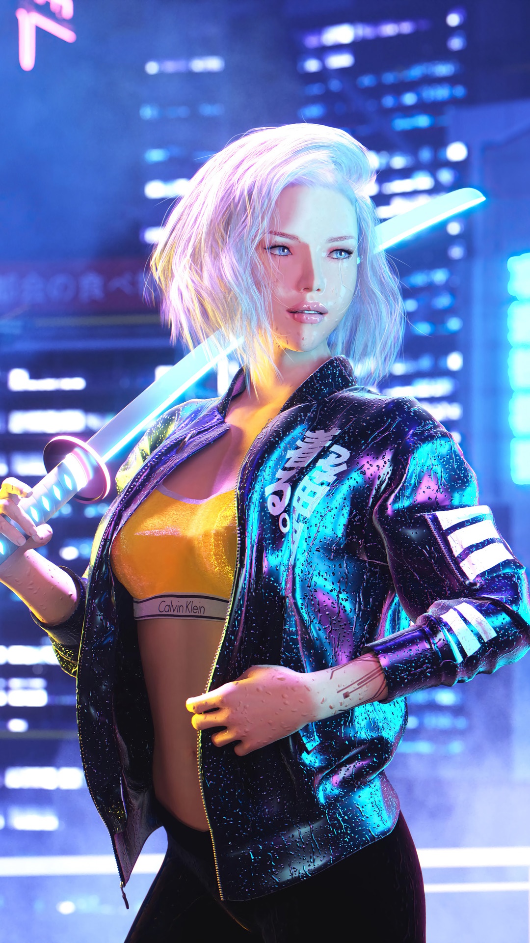 Girl with sword in cyberpunk city HD Phone Wallpaper