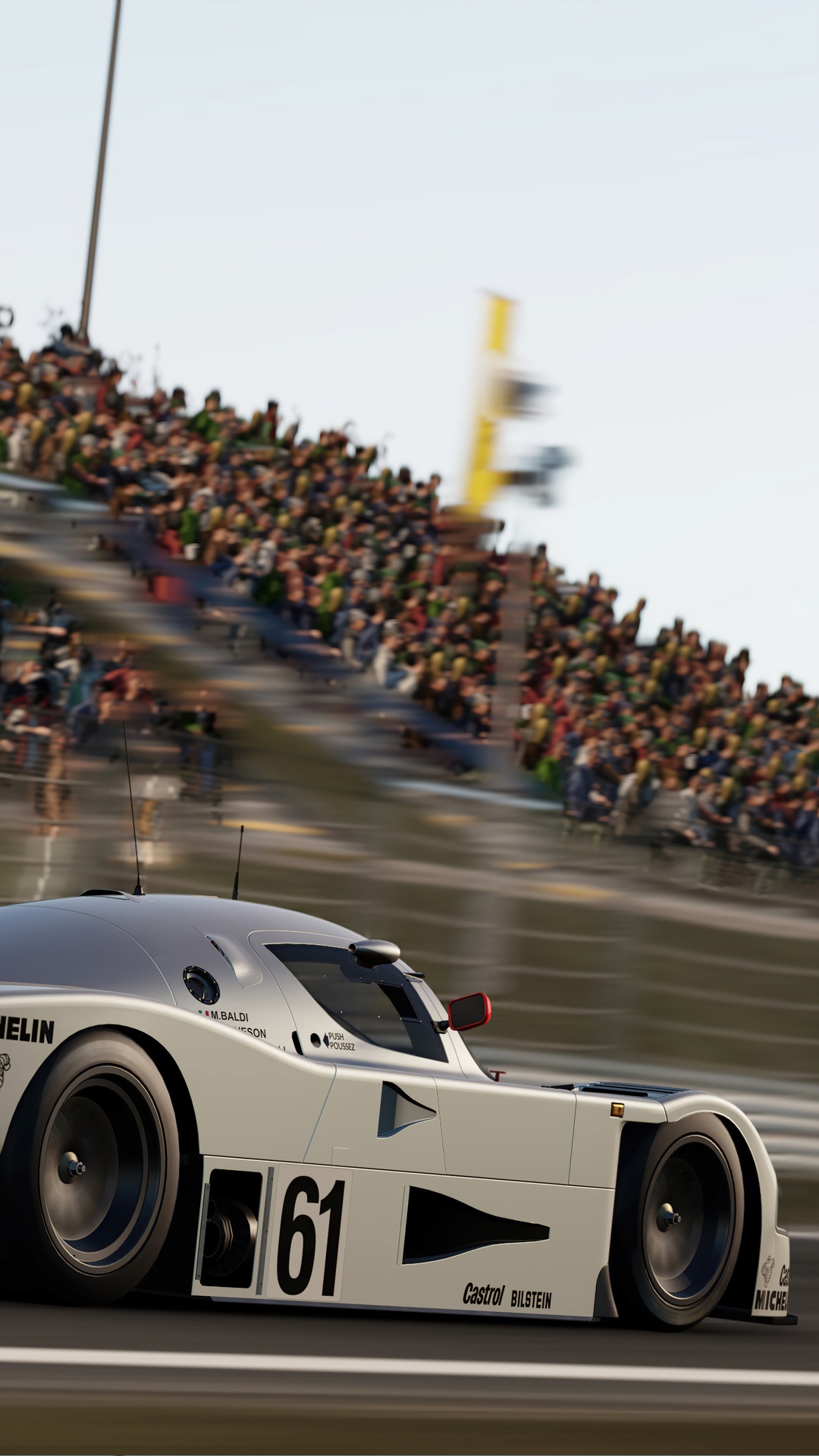 White racing car with number 61 on a track HD Phone Wallpaper