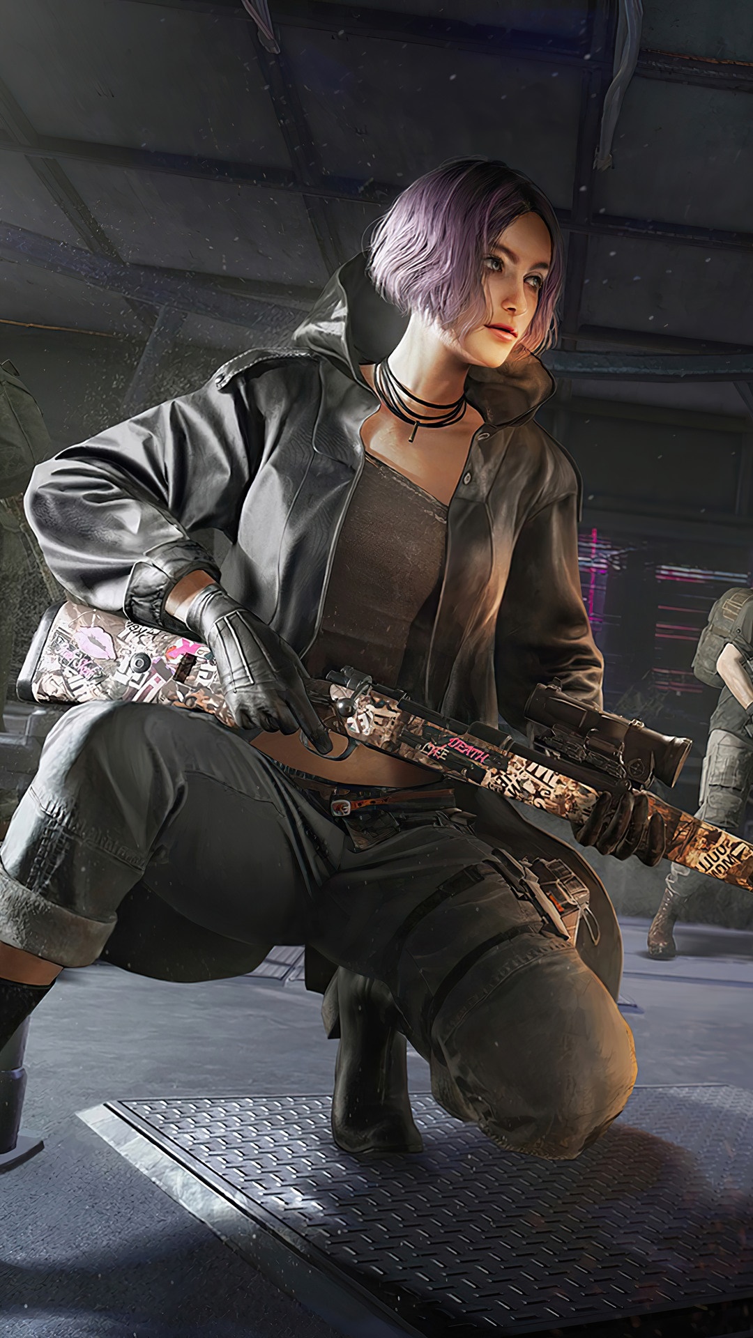 Woman with purple hair holding a sniper rifle in PUBG HD Phone Wallpaper