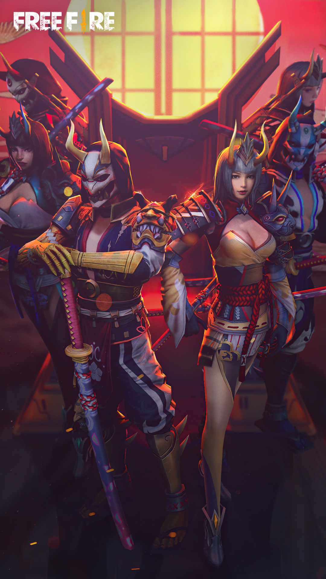Free Fire Samurai characters in front of a throne HD Phone Wallpaper